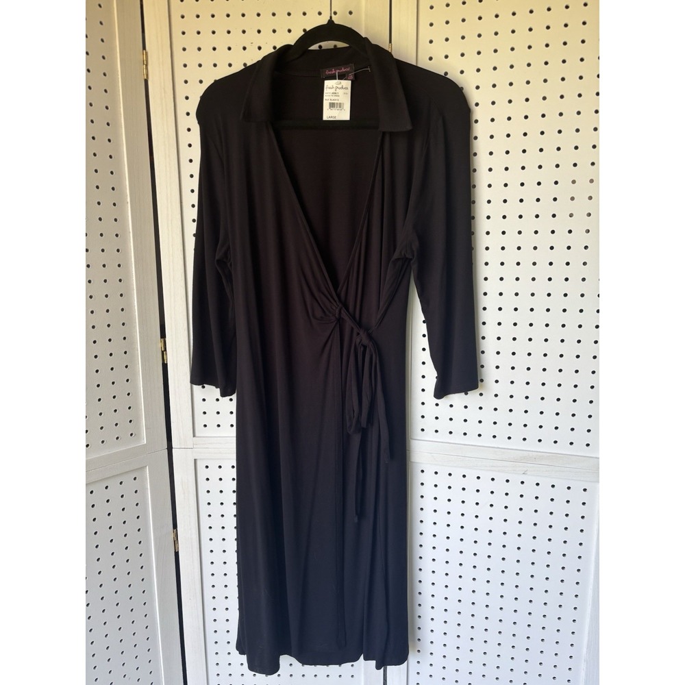 fresh produce Black Wrap Midi Dress with Collar